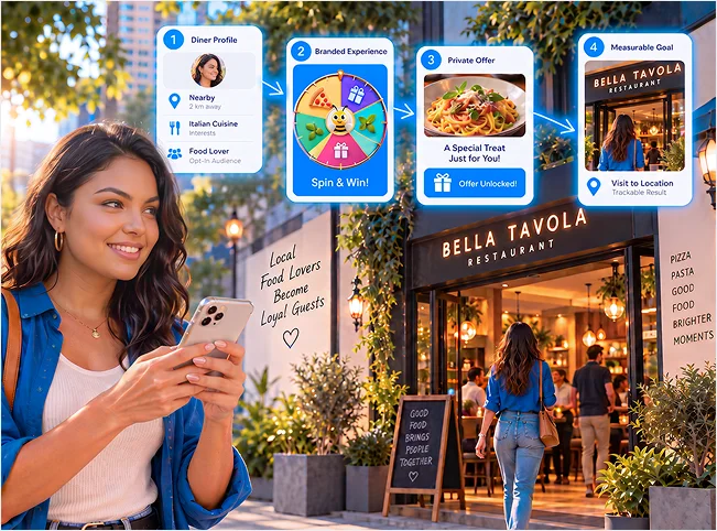 Diner discovering a local restaurant through a branded interactive experience and private offer