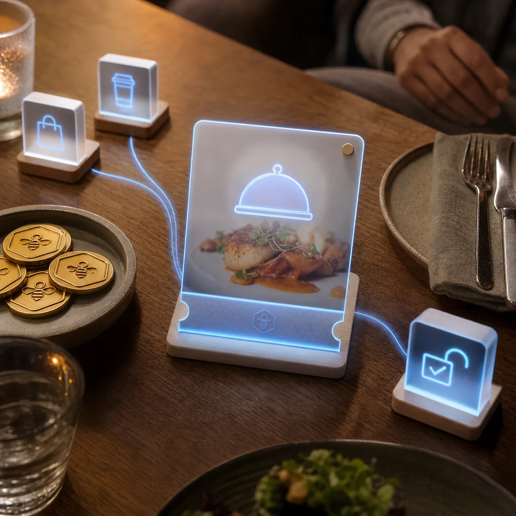 Restaurant reward network connecting diners, HoneyCoins and a local restaurant offer