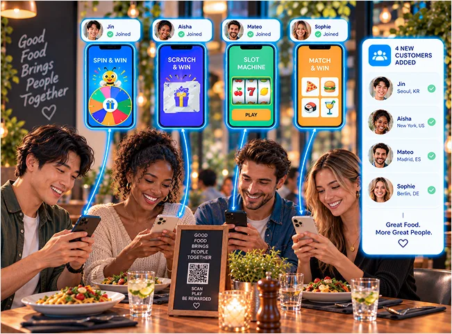 Four restaurant diners join different branded games on their phones as new customer profiles are added