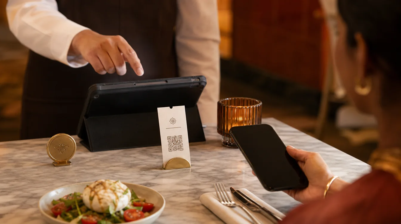 Restaurant server prepares a single-use QR code invitation while a diner holds their phone