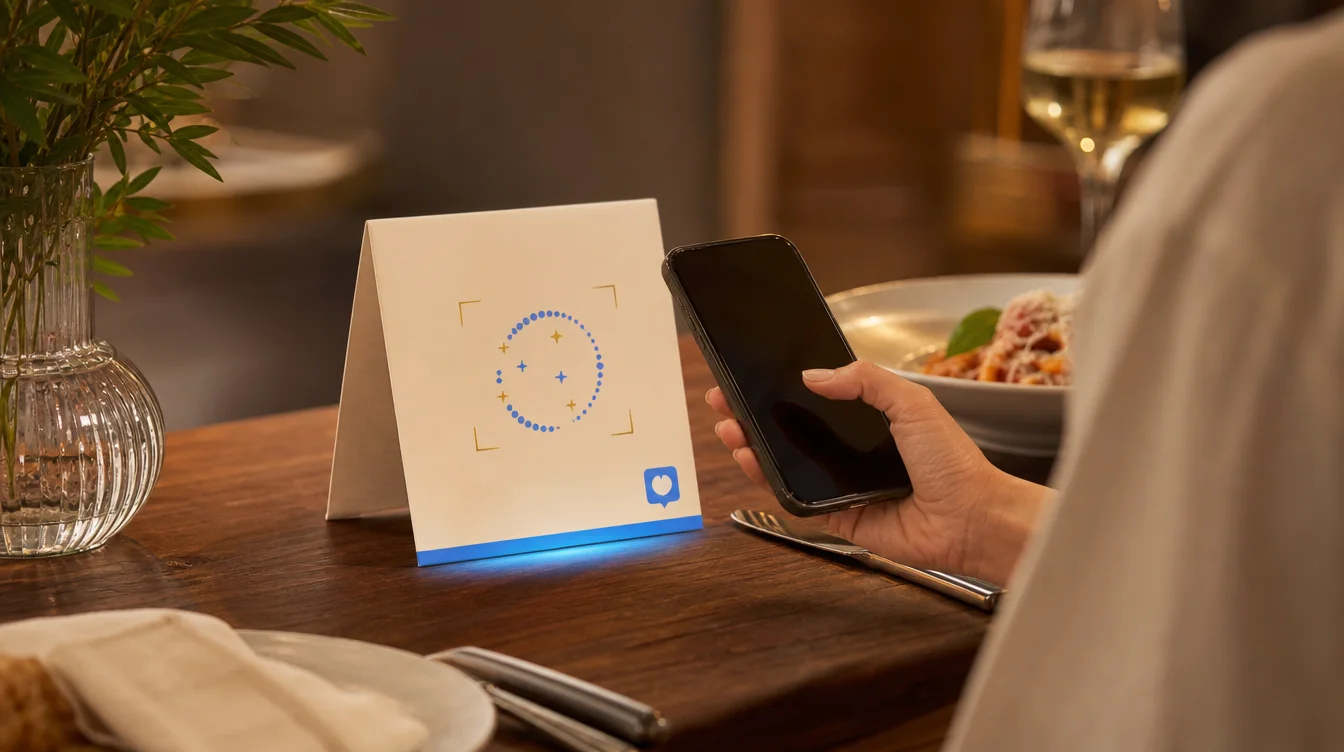 Restaurant diner scans a reusable QR code from a table display on their phone