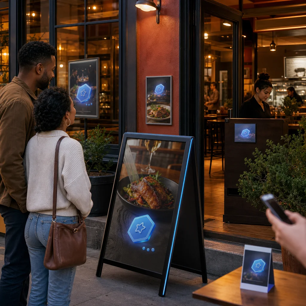Customers considering a QR code promotion outside a restaurant
