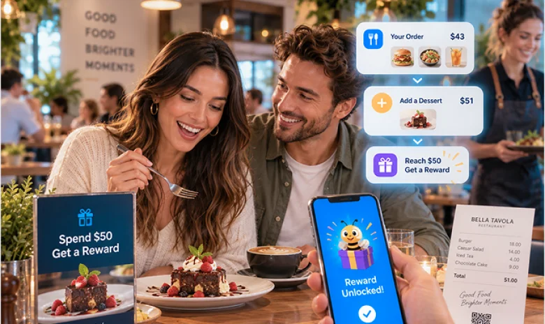 Diners unlocking a reward after reaching a qualifying restaurant check value.