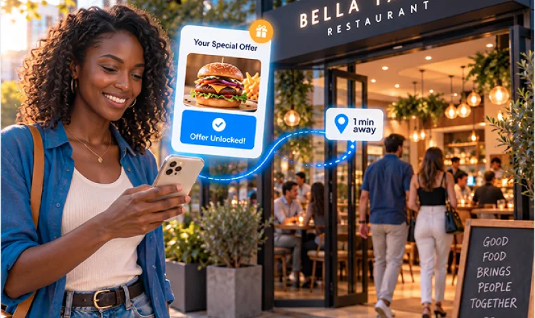 Customer receiving a location-based restaurant offer designed to drive a visit.