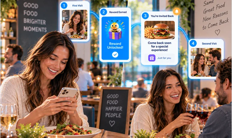 Restaurant customer journey from first visit to a personalized return reward.
