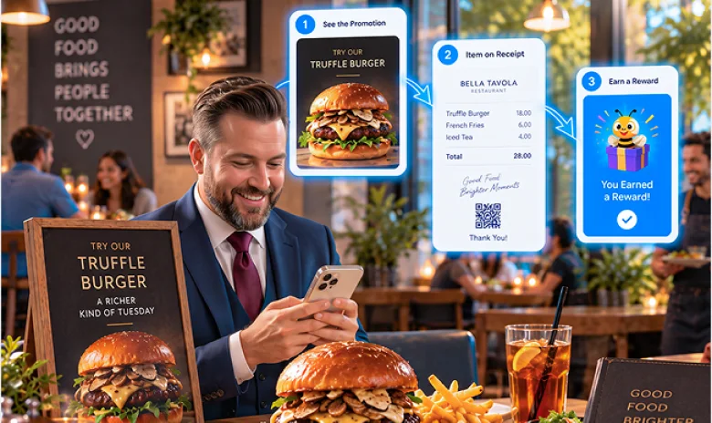 Receipt-verified promotion rewarding purchase of a featured restaurant menu item.