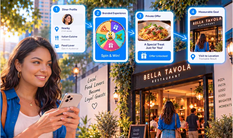 Local diner receiving a branded restaurant experience and trackable offer.