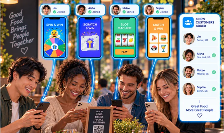 Restaurant guests joining branded promotions on their phones to build a permissioned audience.