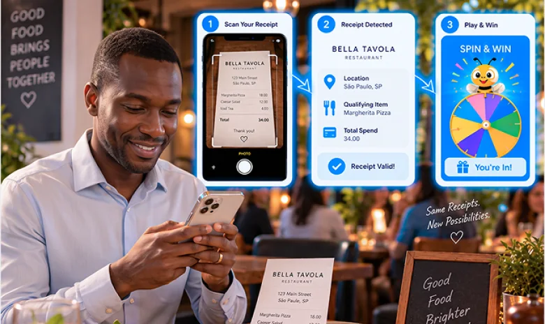 Customer scanning a restaurant receipt to enter a verified purchase promotion.