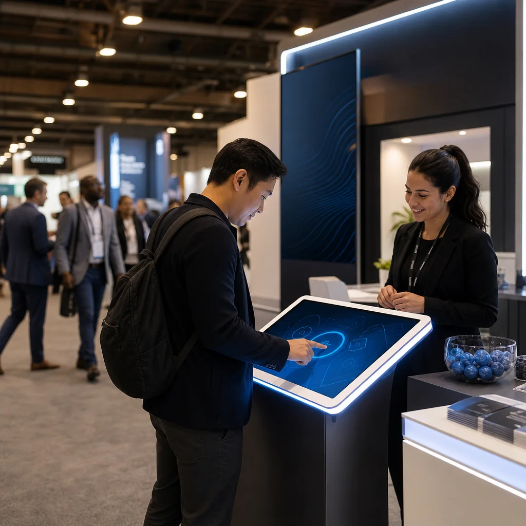 Trade show visitor using an interactive touchscreen at a branded exhibition booth