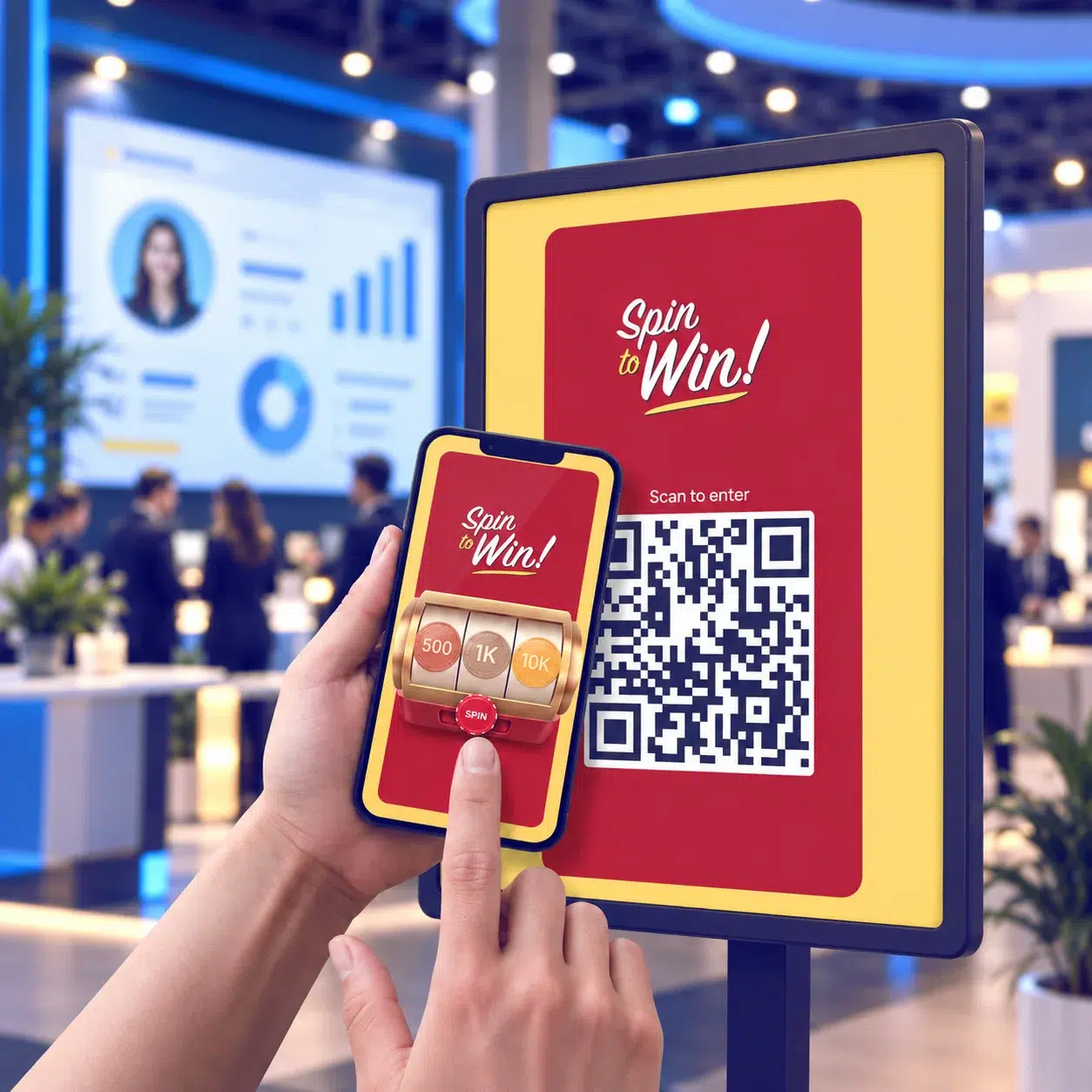 Attendee playing a branded spin-to-win game on a phone beside a trade show QR code display