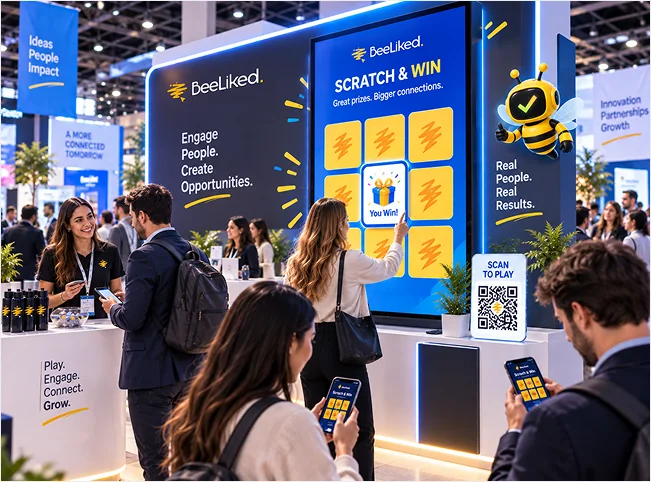 Trade show attendees using a BeeLiked scratch-and-win experience at an exhibition booth