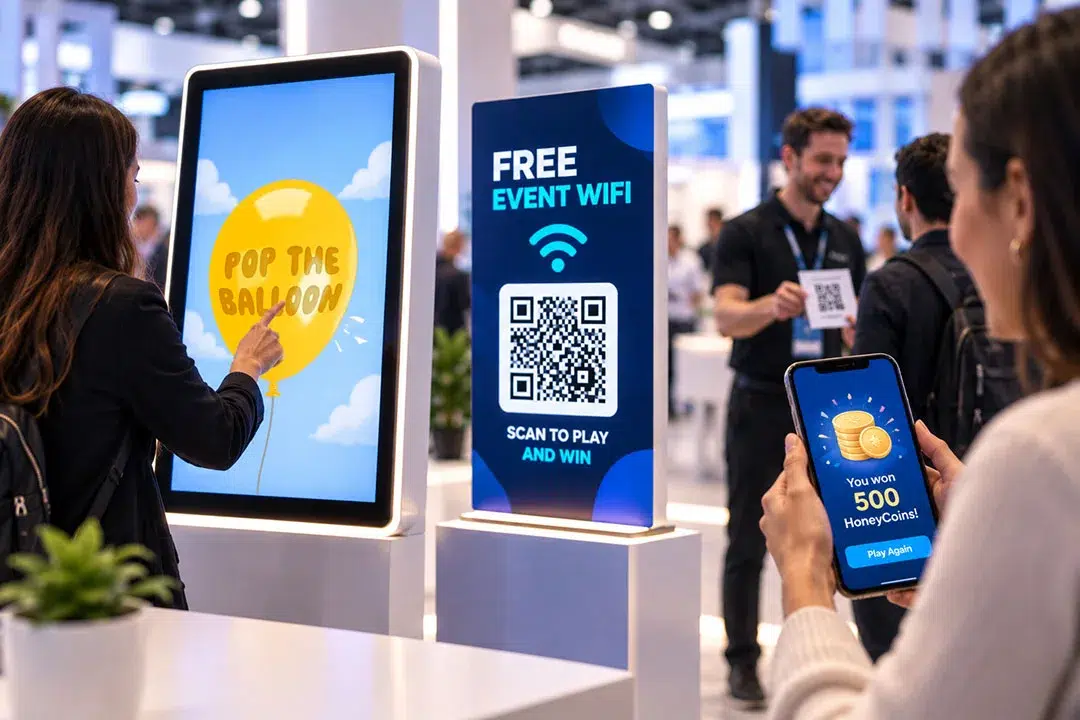 Touchscreen, QR code, mobile and invitation routes for joining a trade show game