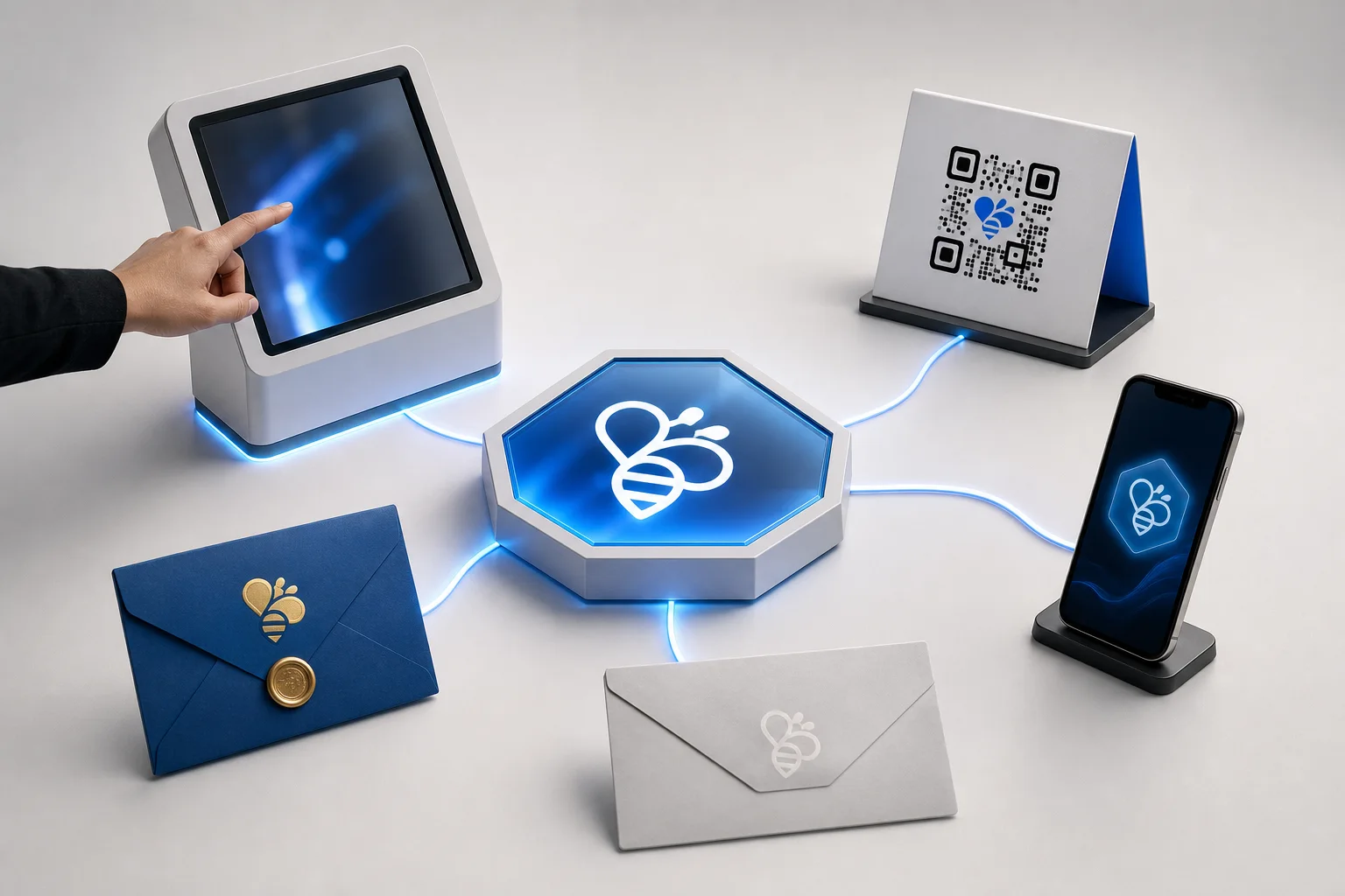 Touchscreen, QR code, mobile and invitation routes for joining a trade show game