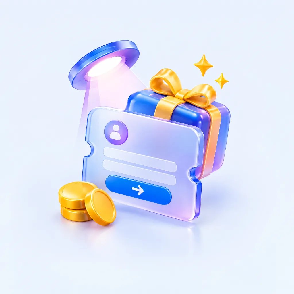 Digital signup card, reward gift and coins illustrating a pre-sale promotion