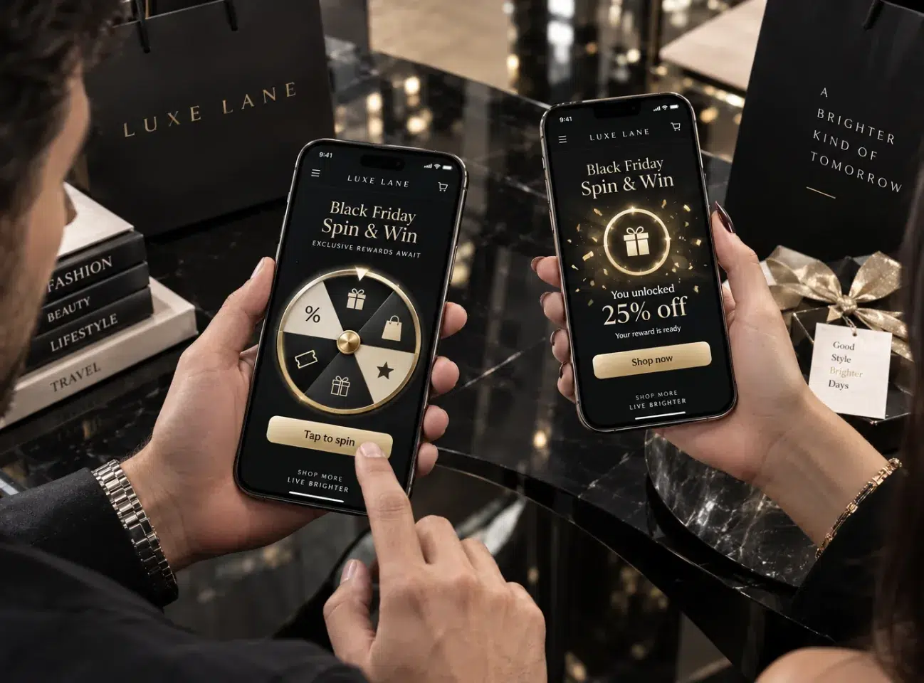 Two shoppers using a Black Friday spin-to-win promotion on their smartphones