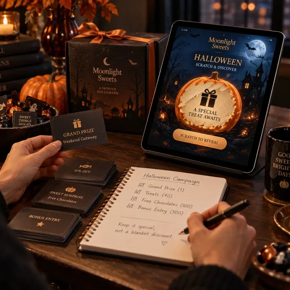 Halloween campaign planning desk with reward allocation, promotional cards and a scratch-to-reveal experience
