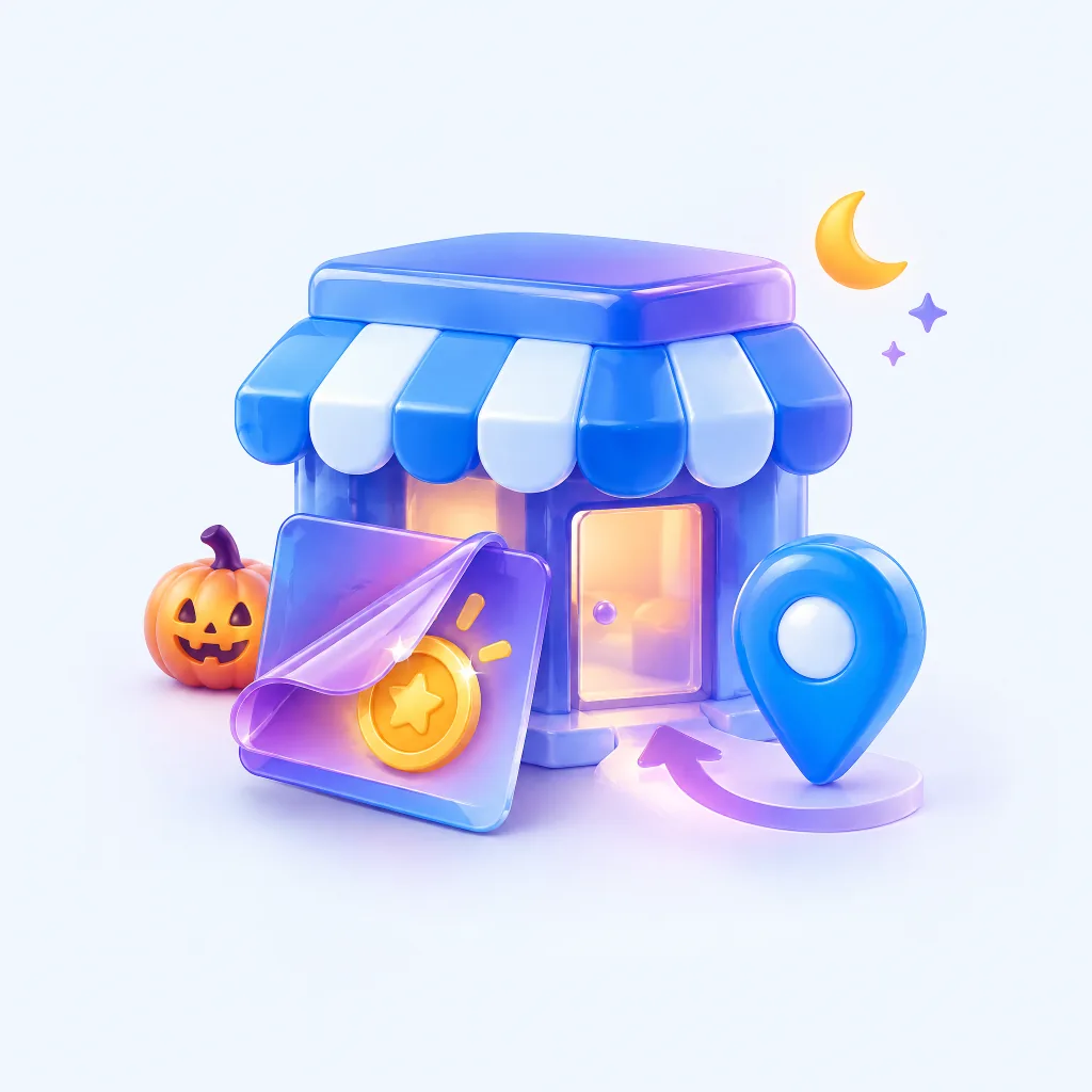 Halloween storefront, reward card and location marker illustrating a reason to visit