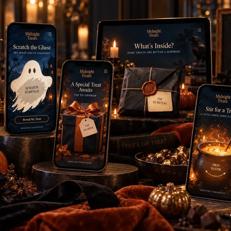 Halloween promotional experiences displayed across phones, tablet, gift and reveal formats