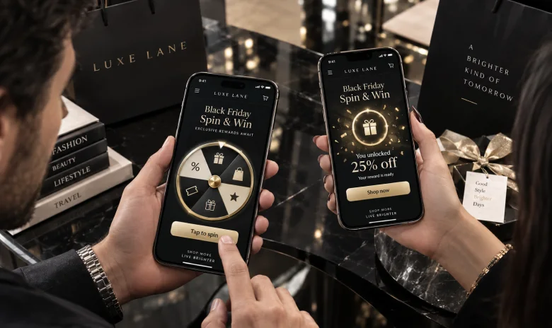 Two shoppers playing a Black Friday Spin and Win promotion on their smartphones
