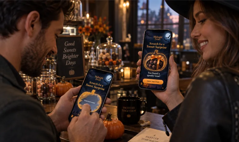 Two customers playing a Halloween scratch-and-reveal promotion on their smartphones in a decorated café