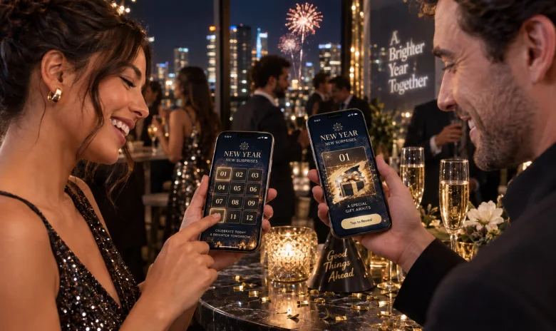 Two guests opening New Year surprise promotions on their smartphones at a celebration