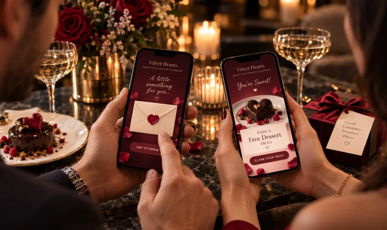 A couple opening Valentine’s Day treat promotions on their smartphones during dinner