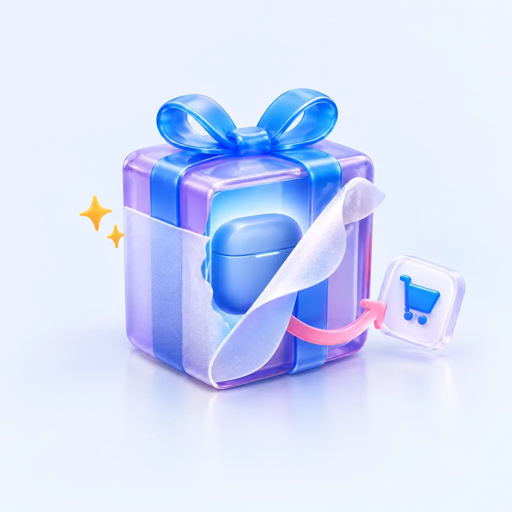 Digital gift reveal featuring earbuds and a shopping action.
