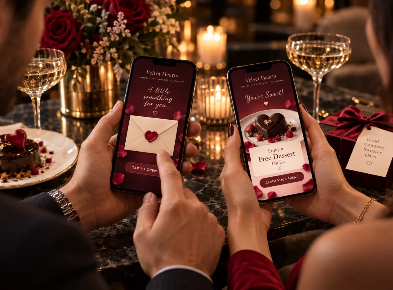 Two people using Valentine’s Day promotional experiences on smartphones at a restaurant table.