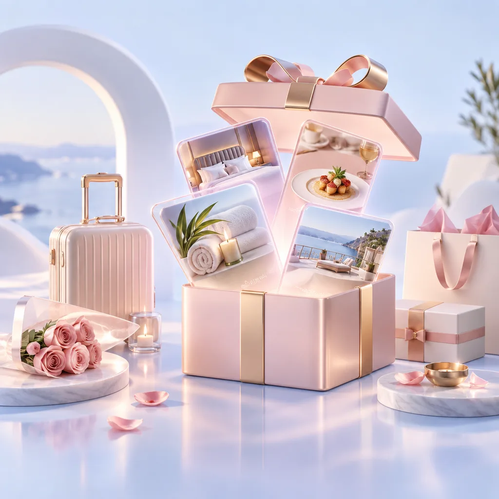 Pink gift box revealing hotel, dining and wellness experiences for a Valentine’s Day promotion.