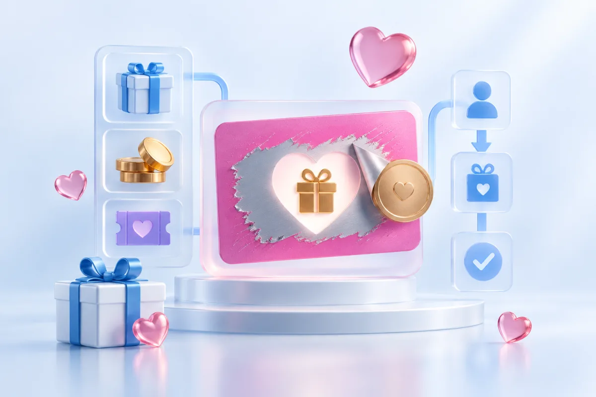 Valentine’s Day scratch-card experience surrounded by configurable reward symbols.