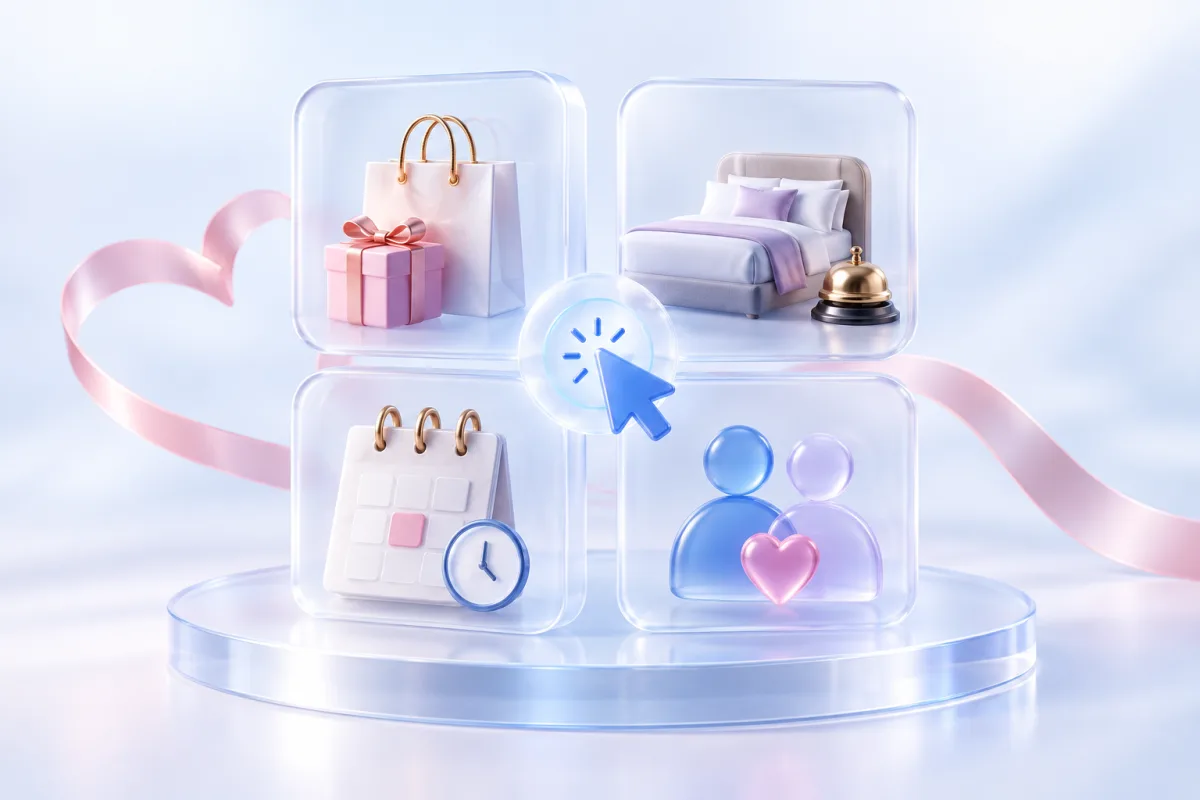 Shopping, hotel, calendar and customer symbols representing the purchase or booking to influence.